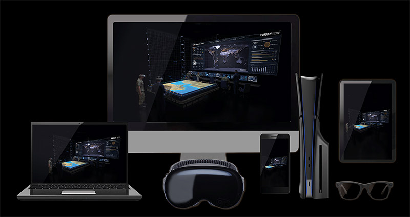 PAULEY CORE multi-platform interface across desktop, tablet, mobile, and XR devices