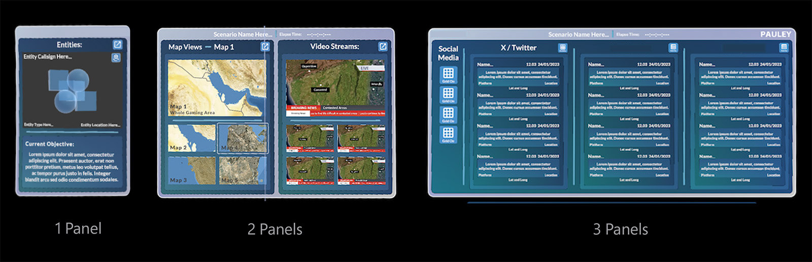 Panel data visualisation layouts for maps, live streams, social feeds, and entity tracking